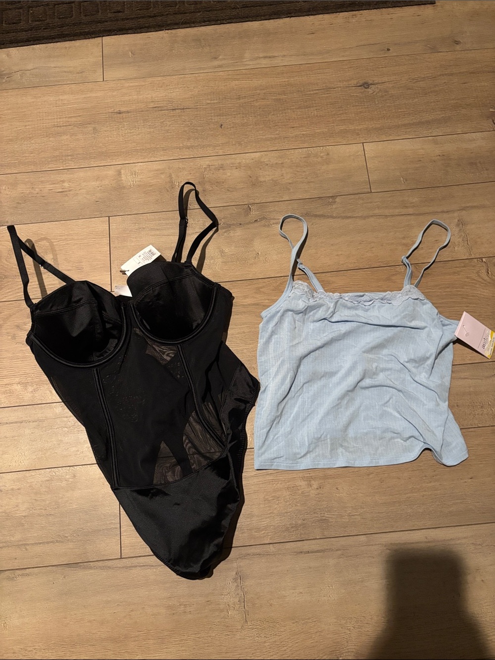 Auden Black Mesh Bodysuit & Light Blue Ribbed Cami Small NWT